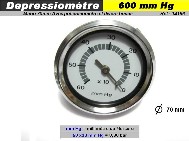 Manometre depressiometre de banc  -0 a 600 Hg diam 70mm avec accessoires