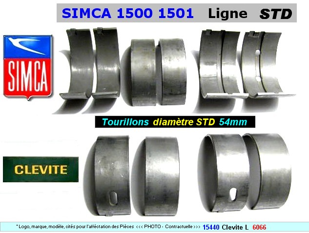 Coussinets de Lignes SIMCA 1500 1501 STD 54mm Clevite 6066