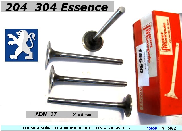 Soupapes Admission PEUGEOT 204 304 Essence 37 x 126 x 8 mm moteur XK4 XL3