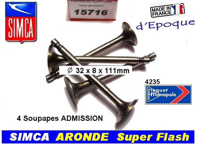 Soupapes Admission SIMCA Aronde Sport 32x8x111 mm Floquet 4235 MOT Super Flash