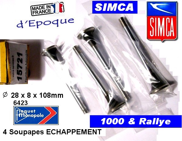 Soupapes Echappement SIMCA 1000 1100 28x8x108 mm Floquet 6423
