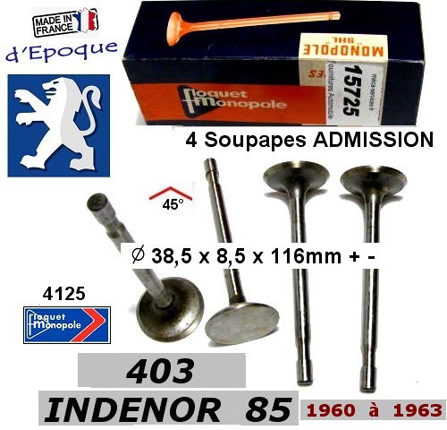 Soupapes Admission PEUGEOT INDENOR moteur XD85 1816cc 38.5 x 8.5 x 116 mm