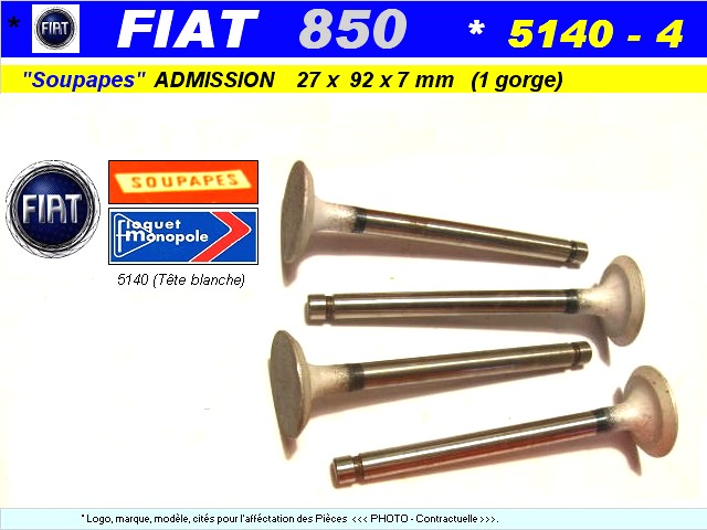 Soupapes Admission FIAT 850 27 x 92 x 7 mm Floquet Monopole 5140-B