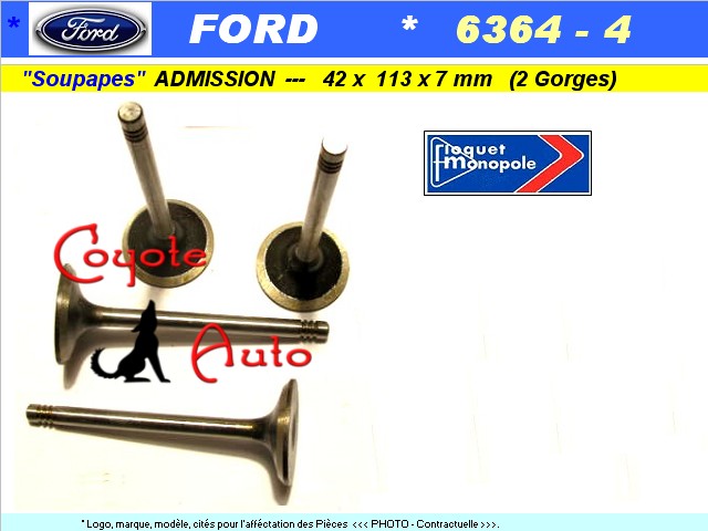 Soupapes Admission FORD 42 x 113 x 8mm Floquet Monopole 6364