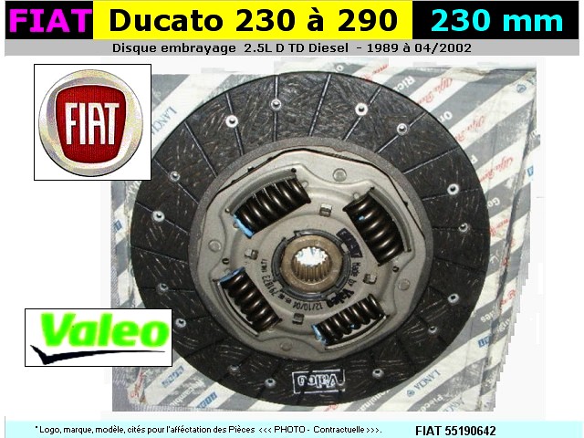 Disque embrayage FIAT Ducato 230L 280 290 2.5L Diesel et TD 230mm 