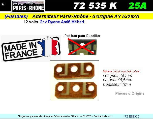 Fusibles Alternateur Paris Rhone CITROEN 2cv Dyane Ami Mehari 12 volts 25A (les 2 pieces)
