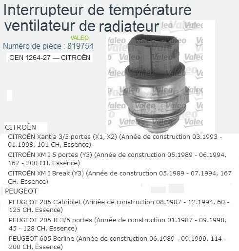Contacteur temperature ventilateur de radiateur PSA Xantia XM 205 605 