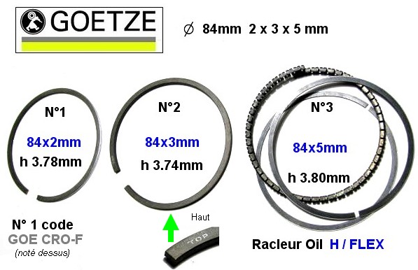 Segments pour Moteur diamtre 84 mm GOETZE 2x3x5mm 4 ou 6 cylindres (dpannage)