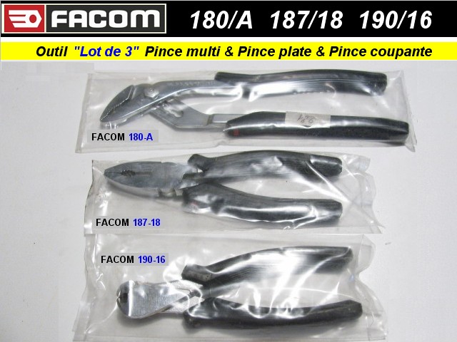 Lot Facom Pinces multiprise 180A Pince plate 187-18 Pince coupante isolee 190-16