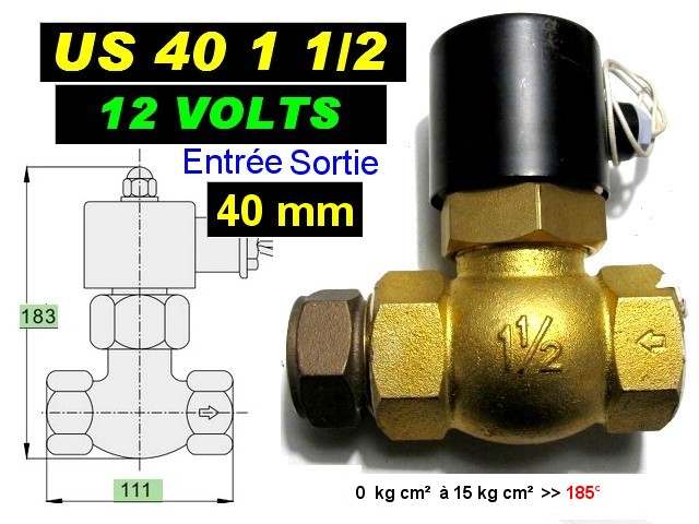 Electrovanne 12 volts entree sortie 40mm de 0 kg  a 15 kg