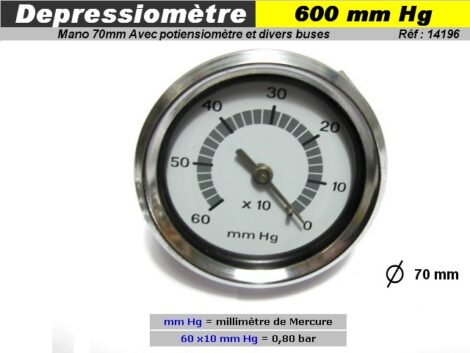 Manomètre dépressiomètre de banc  - 0 à 600 Hg diam 70mm avec accessoires & potentiomètre