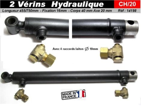 2 Vérins hydraulique double effet - Long 750mm corps 40mm axe 20mm fixation 16mm