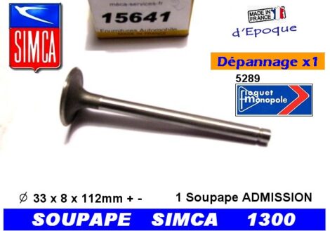 Soupape Admission SIMCA 1300 1500 33x8x112 mm Floquet 5289 (depannage)