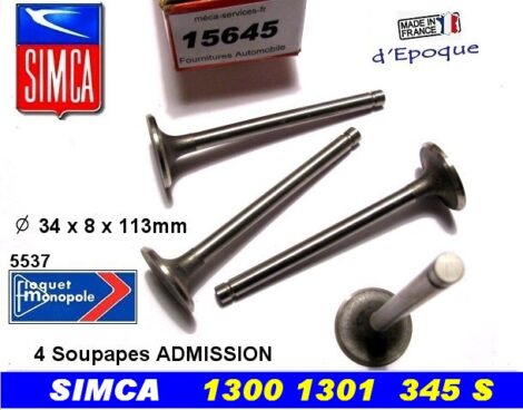 Soupapes Admission SIMCA 1300 1301 34x8x112 mm Floquet 5537 moteur 345 S