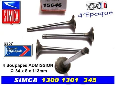 Soupapes Admission SIMCA 1300 1301 34x8x112 mm Floquet 5957 moteur 345