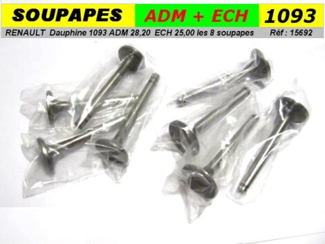 Soupapes RENAULT Dauphine R1093 - Admission 28.2 mm - Echappement 25 mm (les 8 pieces)