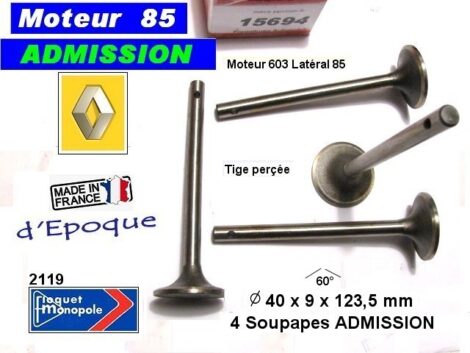 Soupapes Admission RENAULT Moteur 85 latéral - 40x9x123.5 mm FM 2119 tige perçée