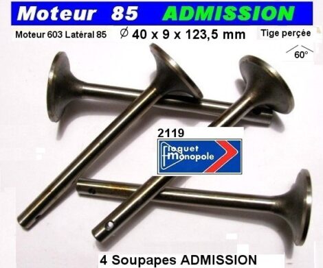 Soupapes Admission RENAULT Moteur 85 latéral - 40x9x123.5 mm FM 2119 tige perçée – Image 2