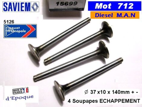Soupapes Echappement SAVIEM diesel - Moteurs 712 MAN - 37x10x140 mm (les 4 pièces)