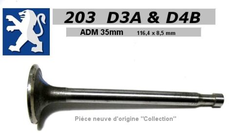 Soupape Admission - PEUGEOT 203 D3A D4B Essence - 35 x 116,4 x 8,5 mm (dépannage)