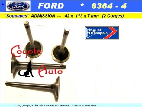 Soupapes Admission FORD 42 x 113 x 8mm Floquet Monopole 6364