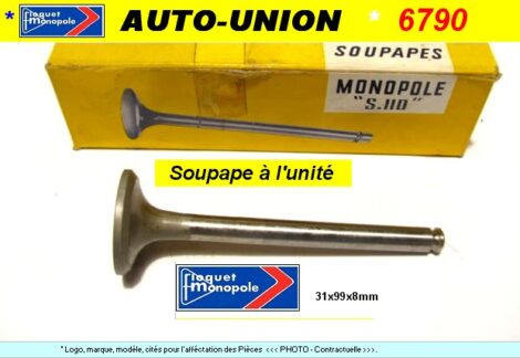 Soupape Echappement  - AUTO-UNION DKW - 31 x 99 x 8 mm (dépannage)
