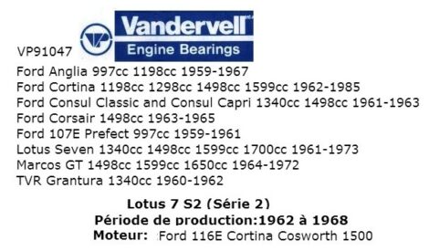 Coussinets de paliers FORD Capri 116E 1500cc - 1962 STD 54 mm - Vandervell VPM 91047 – Image 2