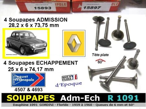 Soupapes RENAULT Dauphine Gordini Admission 28mm et Echappement 25mm (les 8)