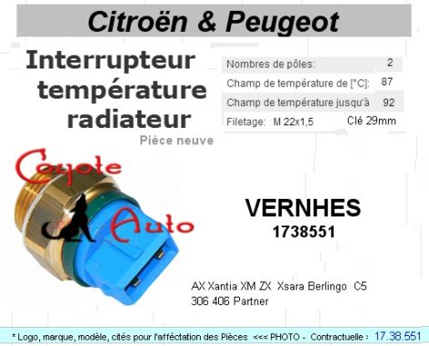 Contacteur température ventilateur radiateur PSA AX Berlingo Xantia XM ZX 306 406