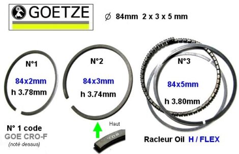 Segments pour Moteur diamètre 84 mm GOETZE 2x3x5mm 4 ou 6 cylindres (dépannage)