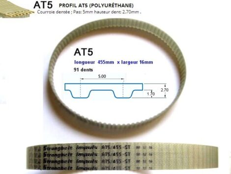 Courroie Crantée Polyuréthane AT5 longueur 455mm largeur 16 mm 91 dents hauteur 2.70mm