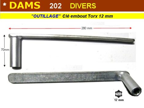 Outil clé longue 280 mm - Embout torx 12 mm Femelle - DAMS D202 (outil atelier)