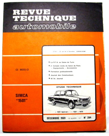 SIMCA 1501 Revue technique RTA n° 284 Année 1969