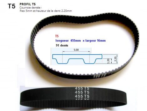 Courroie Crantée Néoprène T5 - Longueur 455mm largeur 16mm 91 dents hauteur 2.20mm