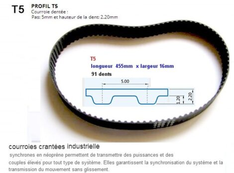 Courroie Crantée Néoprène T5 - Longueur 455mm largeur 16mm 91 dents hauteur 2.20mm – Image 2