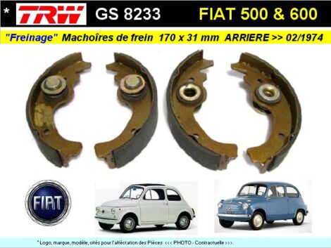 Machoires de frein arrière Fiat 500 600 Vintage TRW GS8233 170 mm